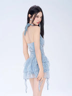 Light Blue Halter Ruched One - Piece Swimsuit - TEVQA