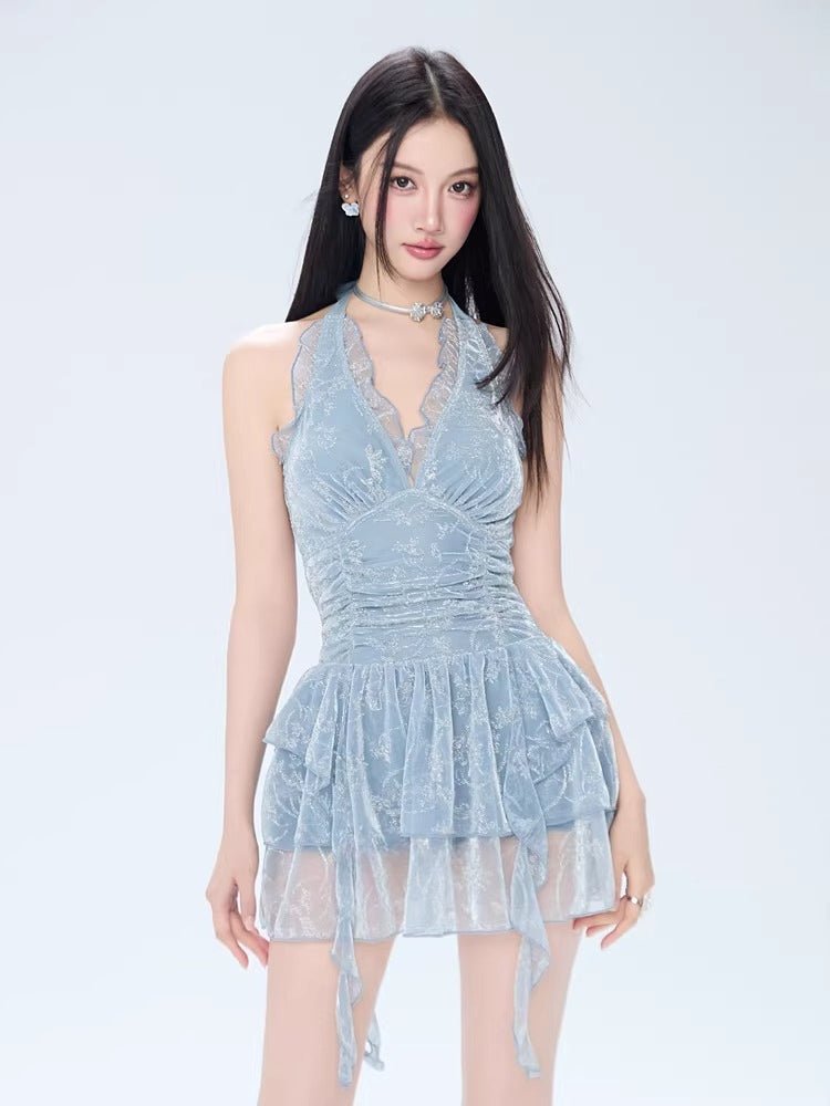 Light Blue Halter Ruched One - Piece Swimsuit - TEVQA
