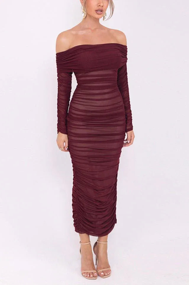 Front view of a burgundy off-the-shoulder ruched mesh midi dress. Secondary image