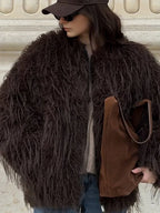 Shaggy Faux Fur Round Neck Jacket - View 9 | TEVQA
