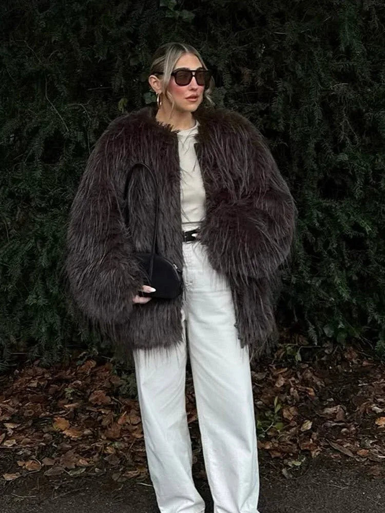 Shaggy Faux Fur Round Neck Jacket - View 8 | TEVQA