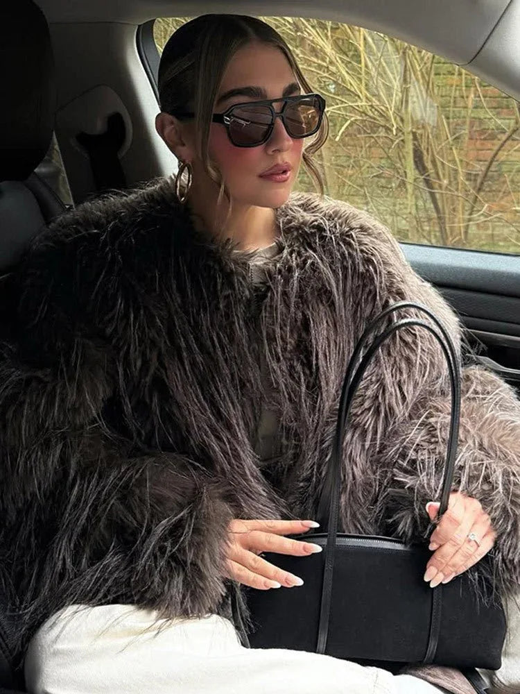 Shaggy Faux Fur Round Neck Jacket - View 6 | TEVQA