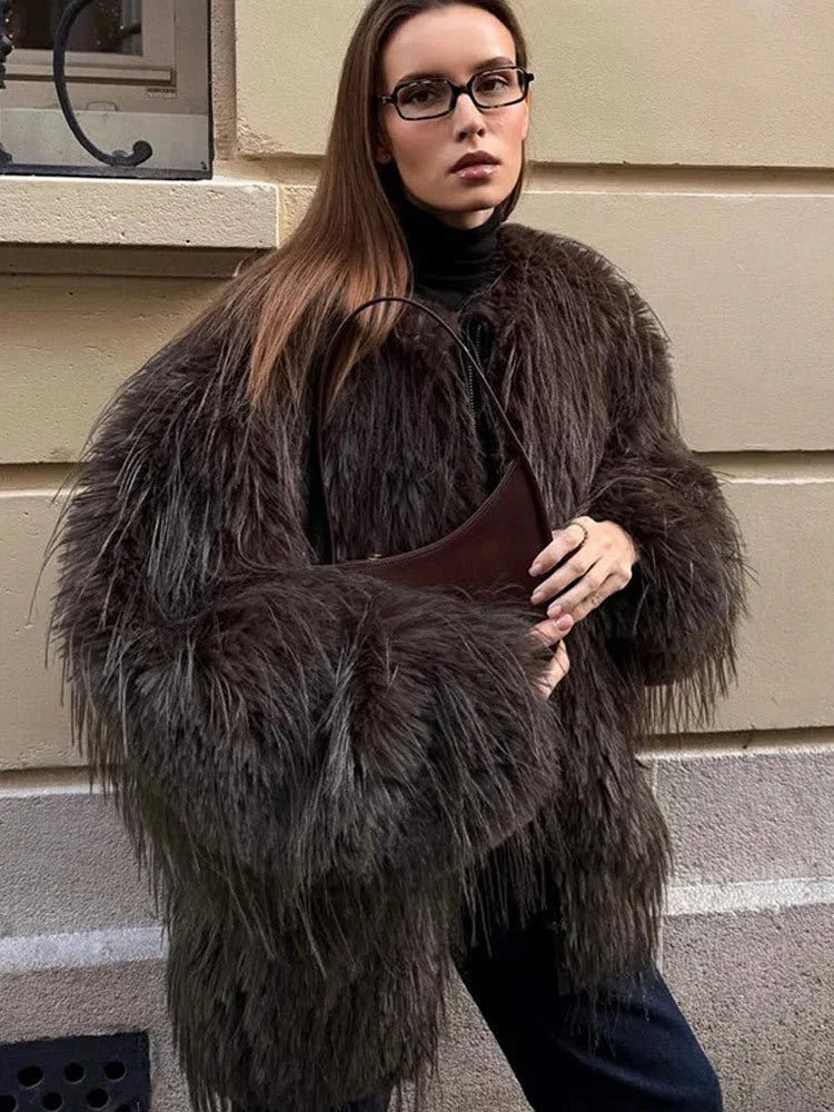 Shaggy Faux Fur Round Neck Jacket - View 10 | TEVQA