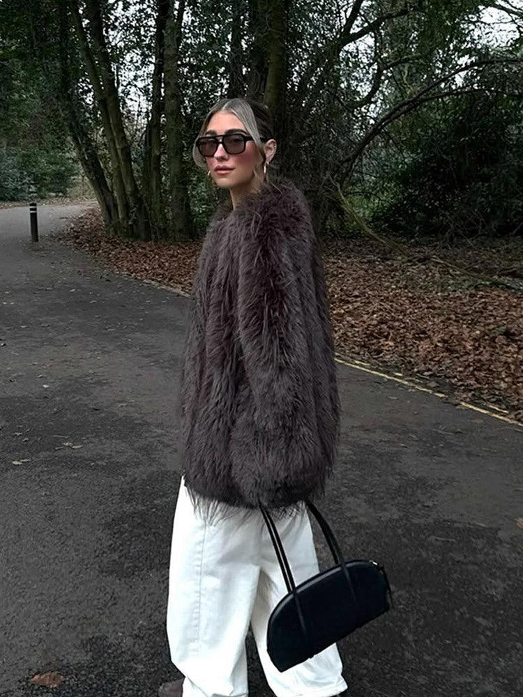 Shaggy Faux Fur Round Neck Jacket - View 7 | TEVQA