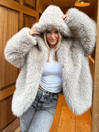 Grey faux fur hooded cropped coat - View 12 | TEVQA