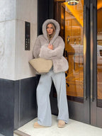 Grey faux fur hooded cropped coat - View 8 | TEVQA