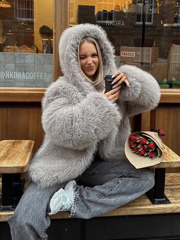 Grey faux fur hooded cropped coat - View 13 | TEVQA