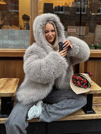 Grey faux fur hooded cropped coat - View 13 | TEVQA