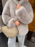 Grey faux fur hooded cropped coat - View 9 | TEVQA