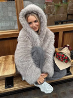 Grey faux fur hooded cropped coat - View 14 | TEVQA