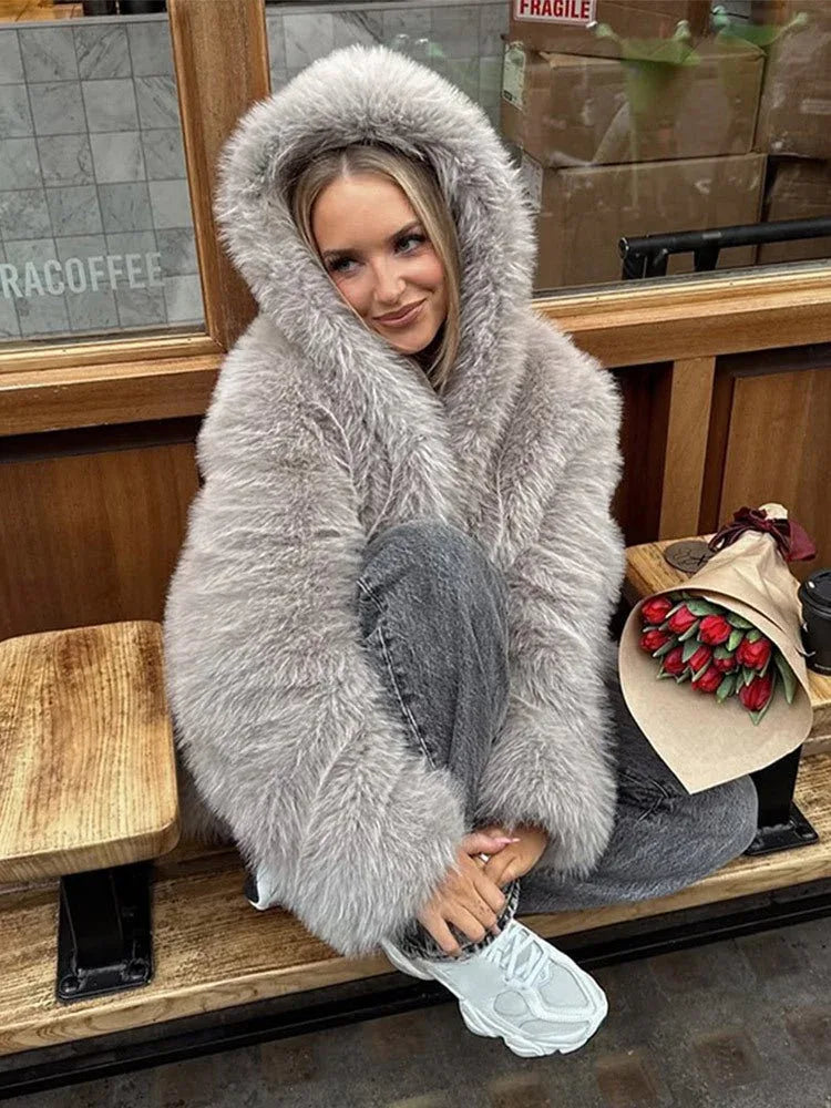 Grey faux fur hooded cropped coat - View 14 | TEVQA