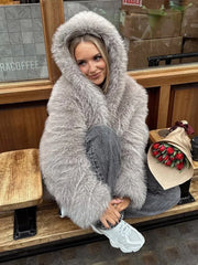 Grey faux fur hooded cropped coat - View 14 | TEVQA