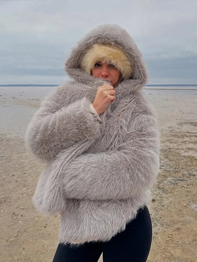 Grey faux fur hooded cropped coat - View 10 | TEVQA