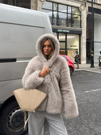 Grey faux fur hooded cropped coat - View 7 | TEVQA