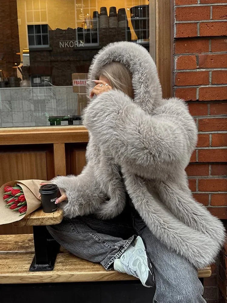 Grey faux fur hooded cropped coat - View 11 | TEVQA