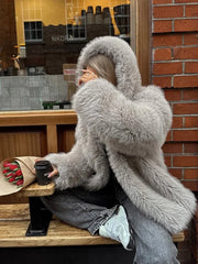 Grey faux fur hooded cropped coat - View 11 | TEVQA