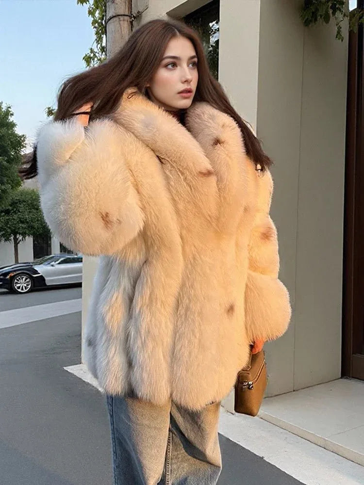 woman wearing a white faux fur coat with denim jeans