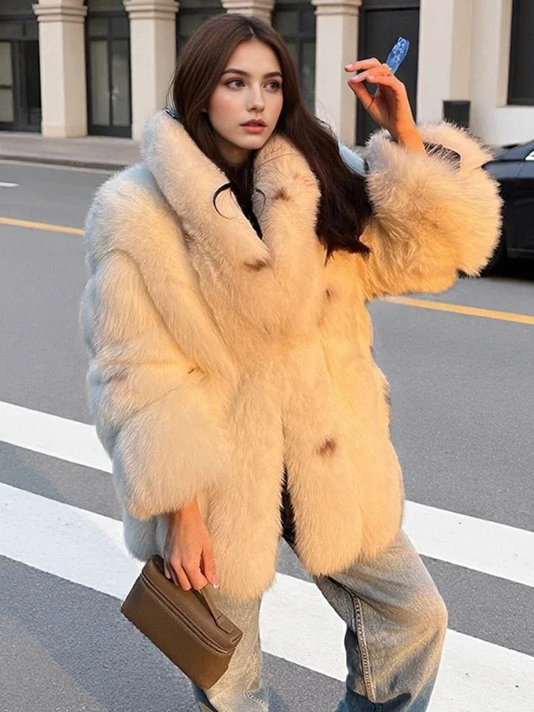 White spotted spliced faux fur coat with oversized lapel collar - View 6 | TEVQA