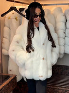 White spotted spliced faux fur coat with oversized lapel collar - View 7 | TEVQA