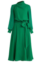 Green midi dress with long sleeves and belt - View 9 | TEVQA