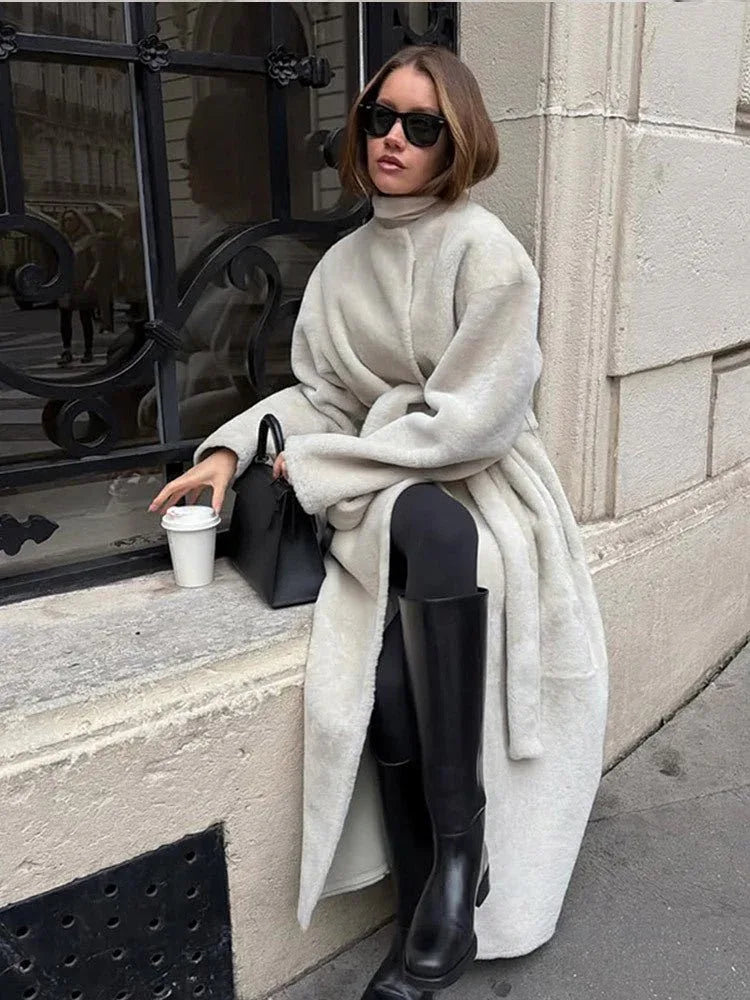 Majestic Cream Belted Faux Fur Long Coat - TEVQA