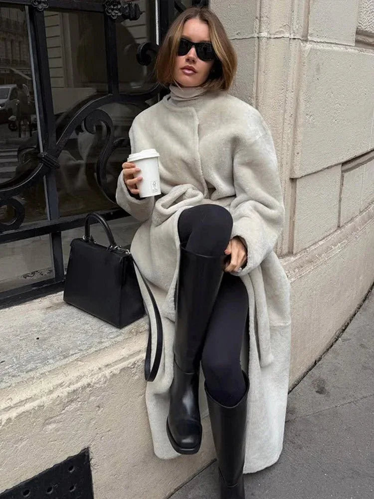 Majestic Cream Belted Faux Fur Long Coat - TEVQA