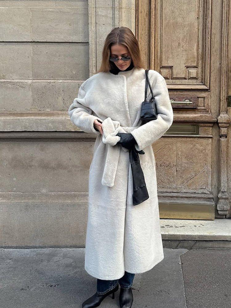 Majestic Cream Belted Faux Fur Long Coat - TEVQA