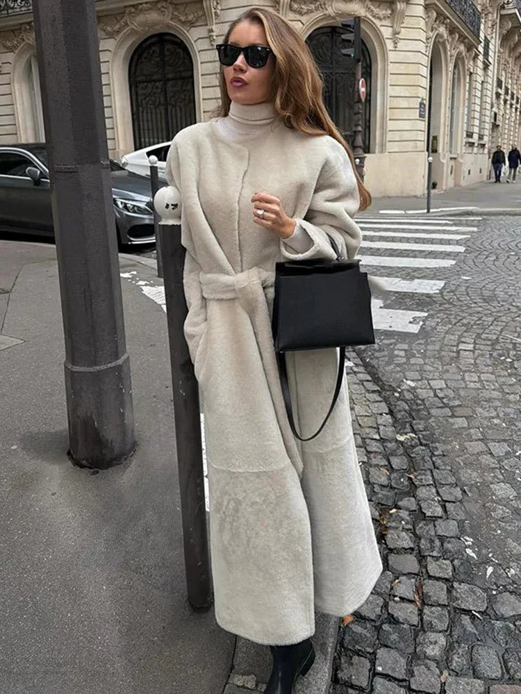 Majestic Cream Belted Faux Fur Long Coat - TEVQA