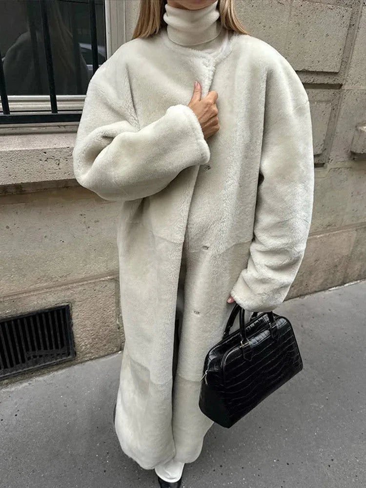 Majestic Cream Belted Faux Fur Long Coat - TEVQA