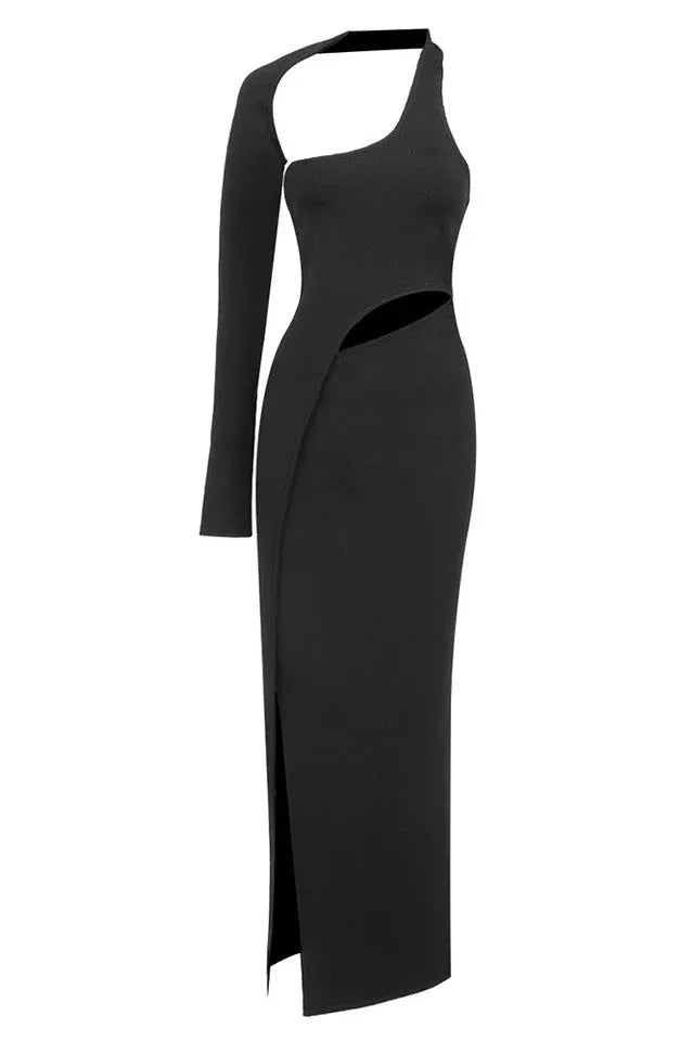 Front view of black one-shoulder ribbed knit maxi dress with cut-out and high slit