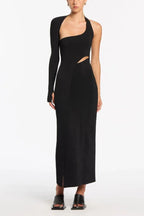 Black one-shoulder ribbed knit maxi dress with cut-out and high slit