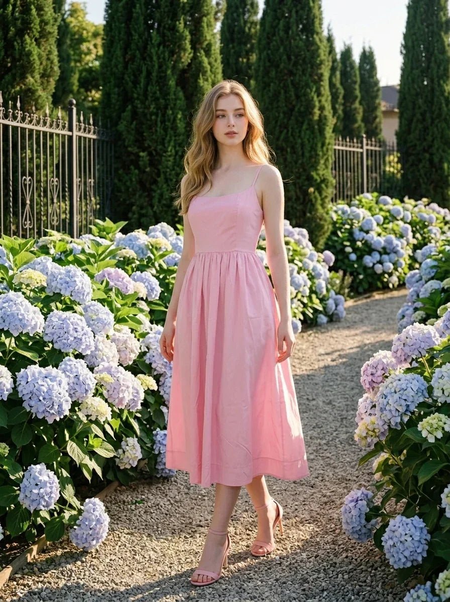 Woman wearing a pink midi dress with spaghetti straps and a square neckline, walking in a garden with hydrangeas.