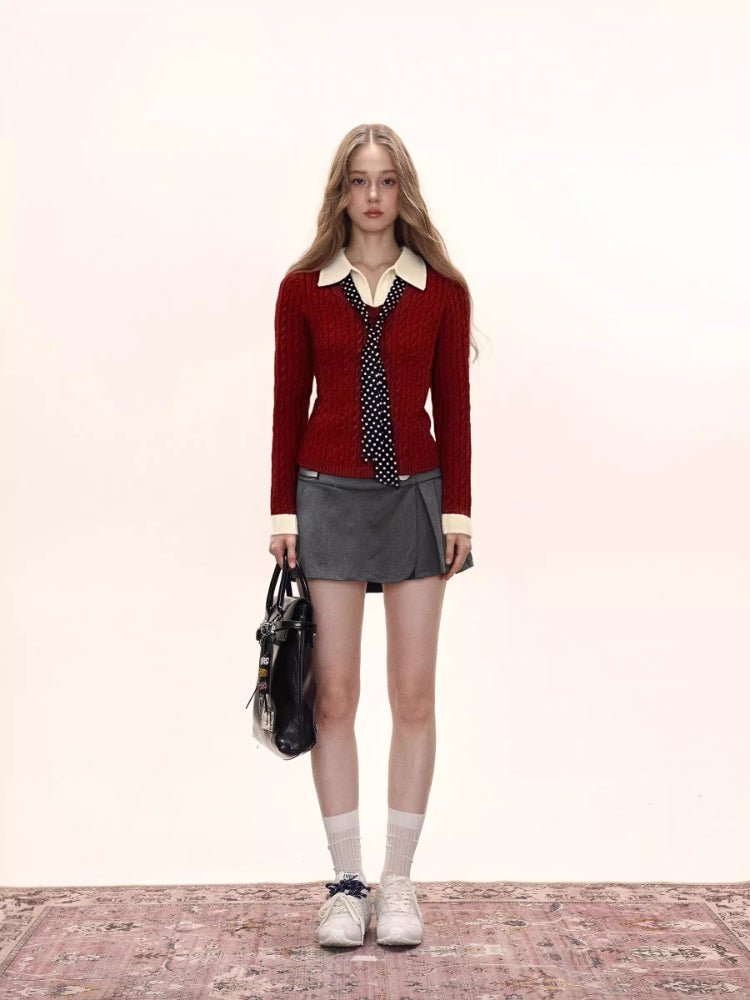 Mock two-piece cable knit top with scarf - View 6 | TEVQA