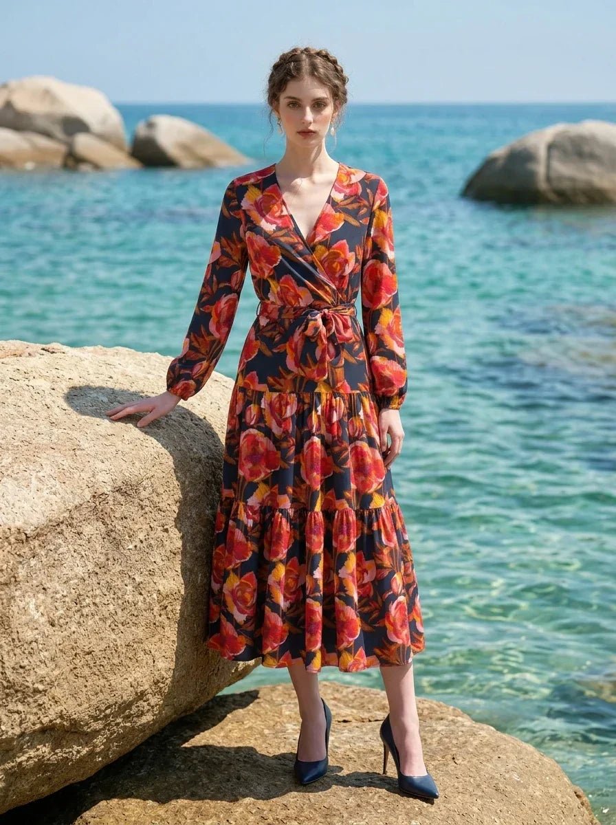 Woman wearing a long-sleeved floral print midi wrap dress with a tiered skirt, posing on a rocky beach with the ocean in the background.