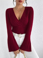 Noir Elegance Ribbed Knit V-Neck Bell Sleeve Top - View 7 | TEVQA