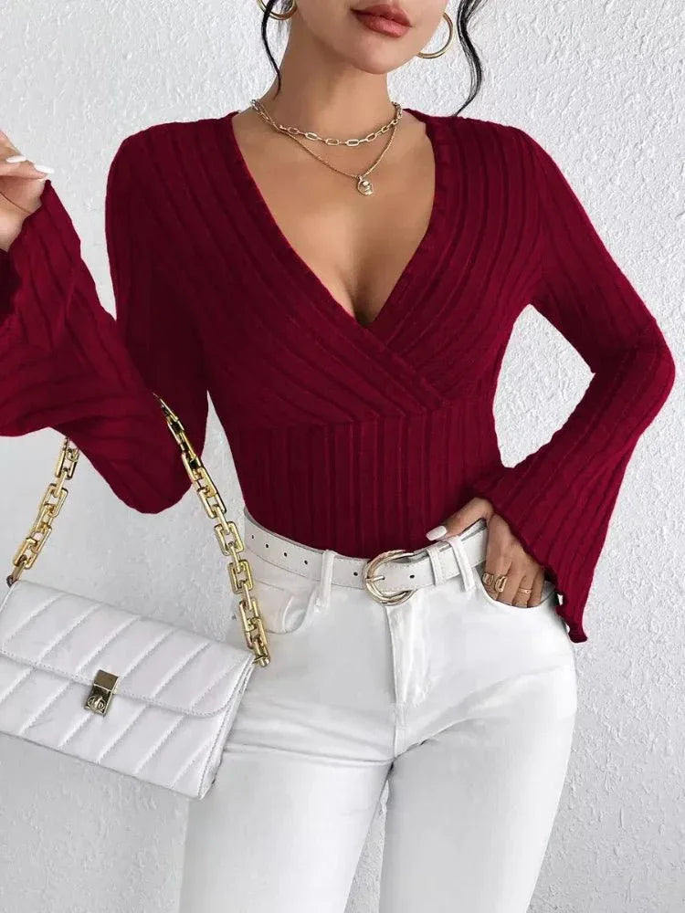Noir Elegance Ribbed Knit V-Neck Bell Sleeve Top - View 8 | TEVQA