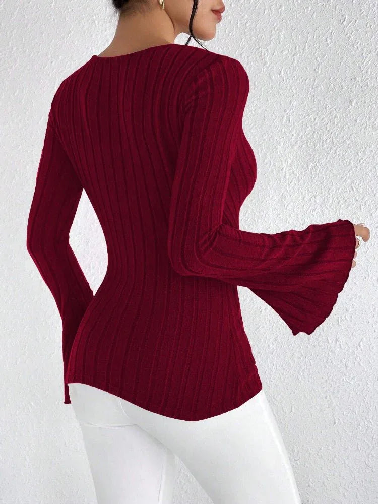 Noir Elegance Ribbed Knit V-Neck Bell Sleeve Top - View 6 | TEVQA