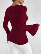 Noir Elegance Ribbed Knit V-Neck Bell Sleeve Top - View 6 | TEVQA