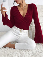 Noir Elegance Ribbed Knit V-Neck Bell Sleeve Top - View 9 | TEVQA
