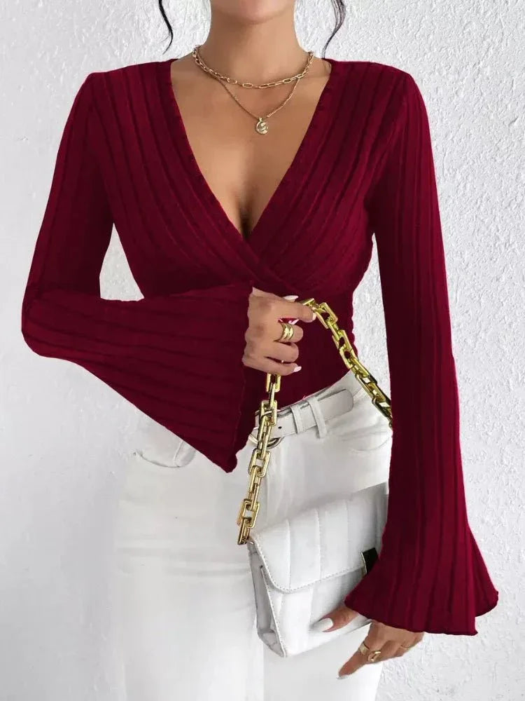 Noir Elegance Ribbed Knit V-Neck Bell Sleeve Top - View 10 | TEVQA