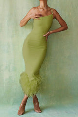 One Shoulder Halter Fur Swing Dress - Tevqa