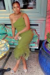 One Shoulder Halter Fur Swing Dress - Tevqa