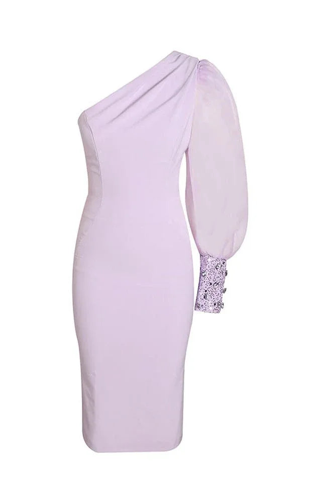 Lavender one-shoulder sheath dress with a single puff sleeve and embellished cuff, shown on a white background Secondary image