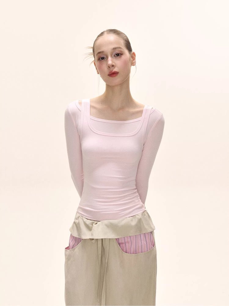 Pale Pink Layered Two-Piece Set Long Sleeve Top - View 6 | TEVQA