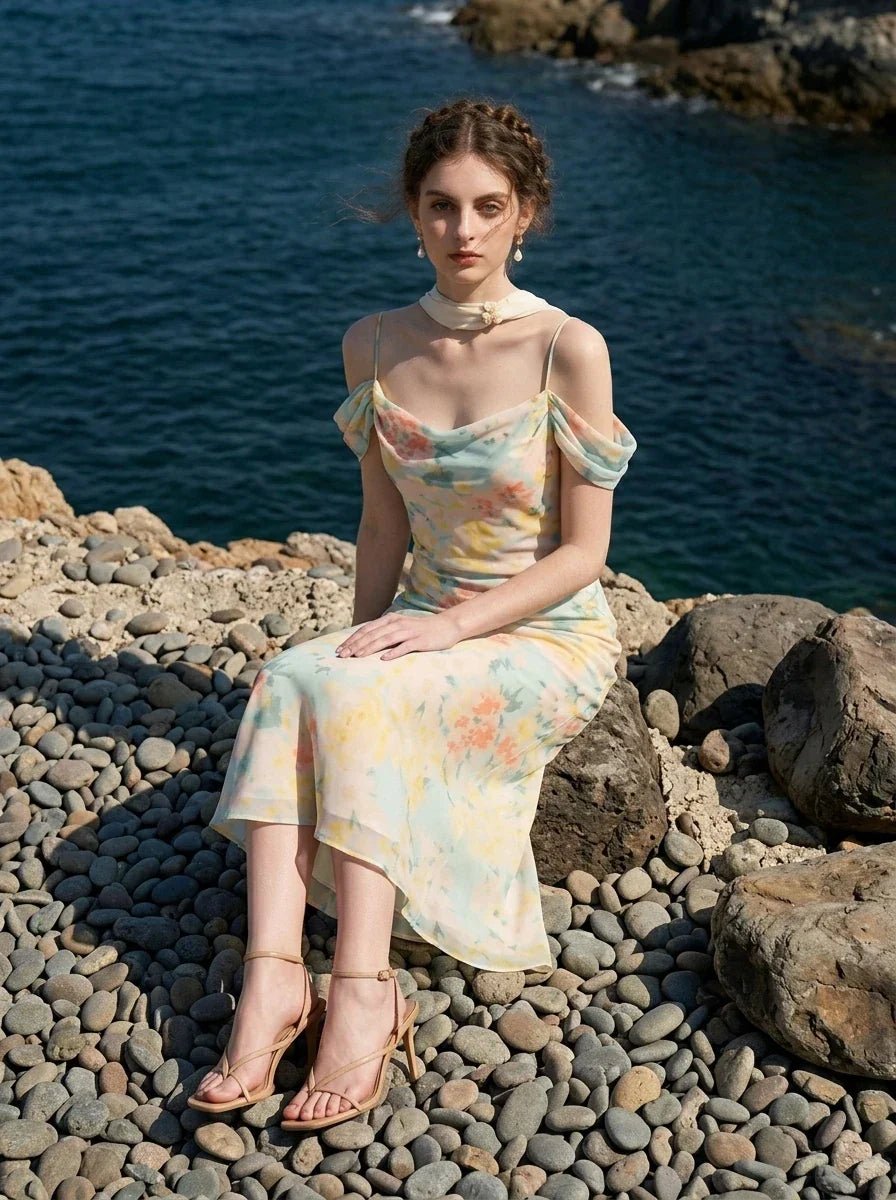 Woman wearing a floral print midi slip dress with off-the-shoulder sleeves and a cowl neckline, sitting on rocks by the sea.