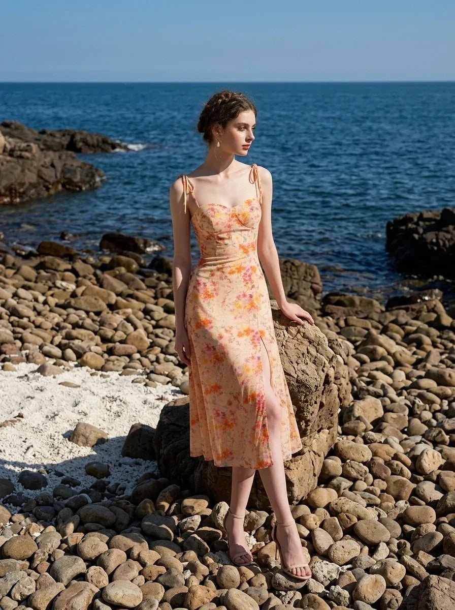 Model wearing a peach floral print midi dress with spaghetti straps and a thigh-high slit, standing on a rocky shore with the ocean in the background.