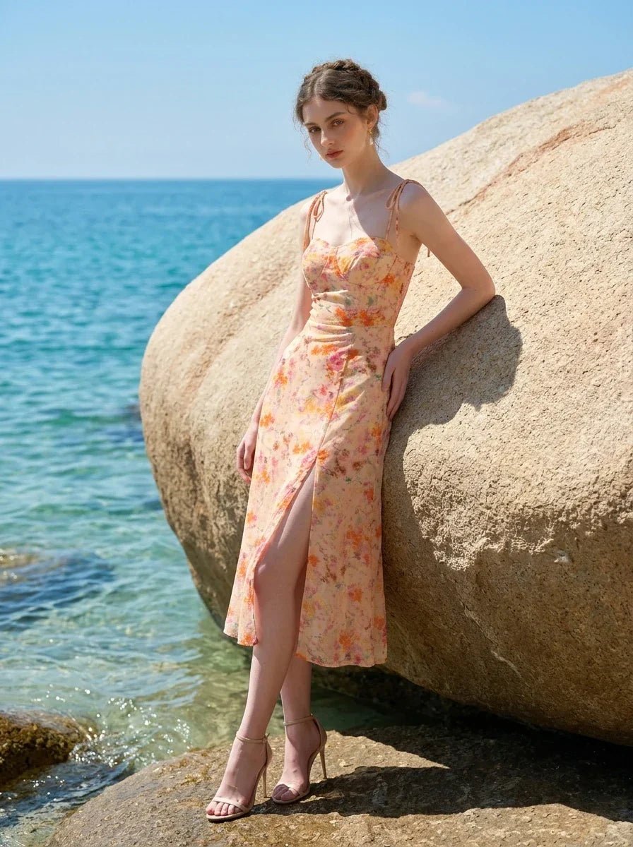 Model wearing a peach floral print midi dress with spaghetti straps and a thigh-high slit, leaning against a large rock by the sea.