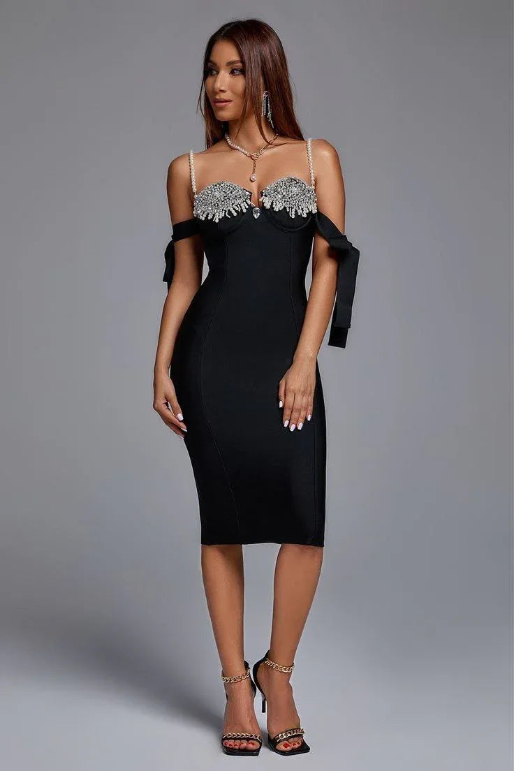 Yasmin Black Rhinestone Pearl Strap Midi Dress - Crystal Embellished Bow Tie Evening Gown - TEVQA