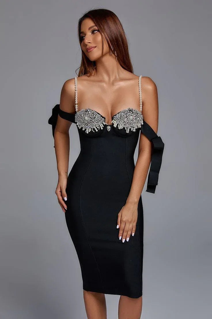 Yasmin Black Rhinestone Pearl Strap Midi Dress - Crystal Embellished Bow Tie Evening Gown - TEVQA