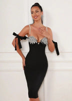 Yasmin Black Rhinestone Pearl Strap Midi Dress - Crystal Embellished Bow Tie Evening Gown - TEVQA